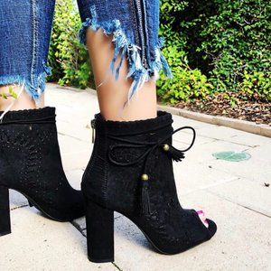 Open Toe Perforated Tassel Dress Bootie